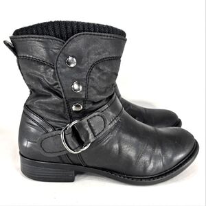 Aldo Black Vegan Leather, Sweater Cuff, Stacked Heel, Moto Bootie. WMS 8M